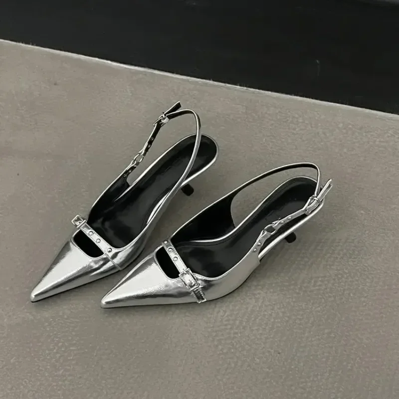 Fashion Slingback Sandals Women Med Heels Pumps Rivet Shoes Elegant Pointed Toe Female Mules Dress Slides Denim Sandalias women sandals,women high heels