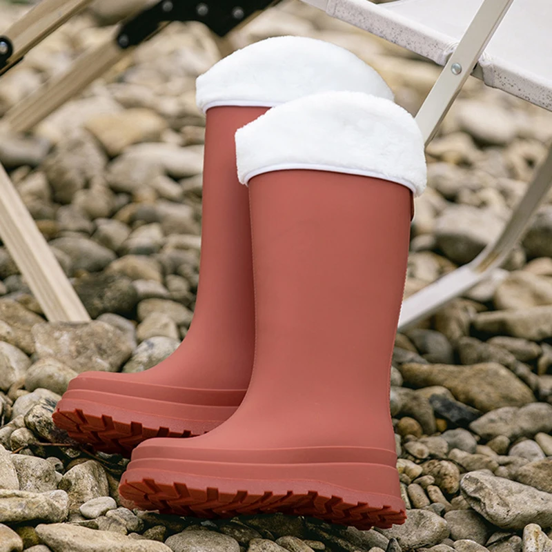 New Fashion 38cm High Tube Women's Rain Boots PVC Outdoor Non-slip Warm Fur Rain Boots Comfortable Thick Bottom Waterproof Shoes