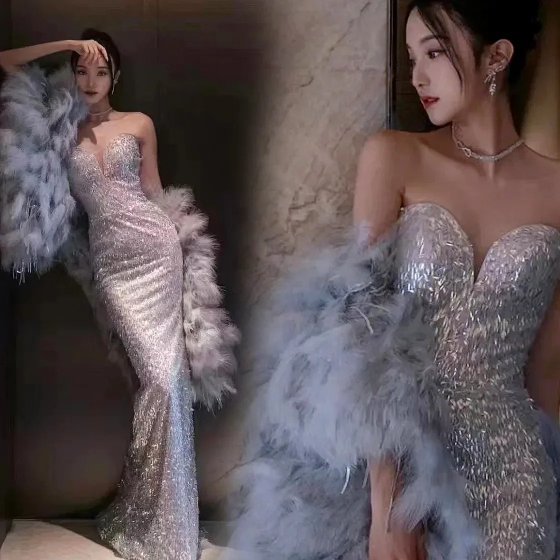 

2024 New Luxury Feather Shawl Evening Dress Sexy Mermaid Dance Hosting Performance Wedding Dress Wedding Party Dress