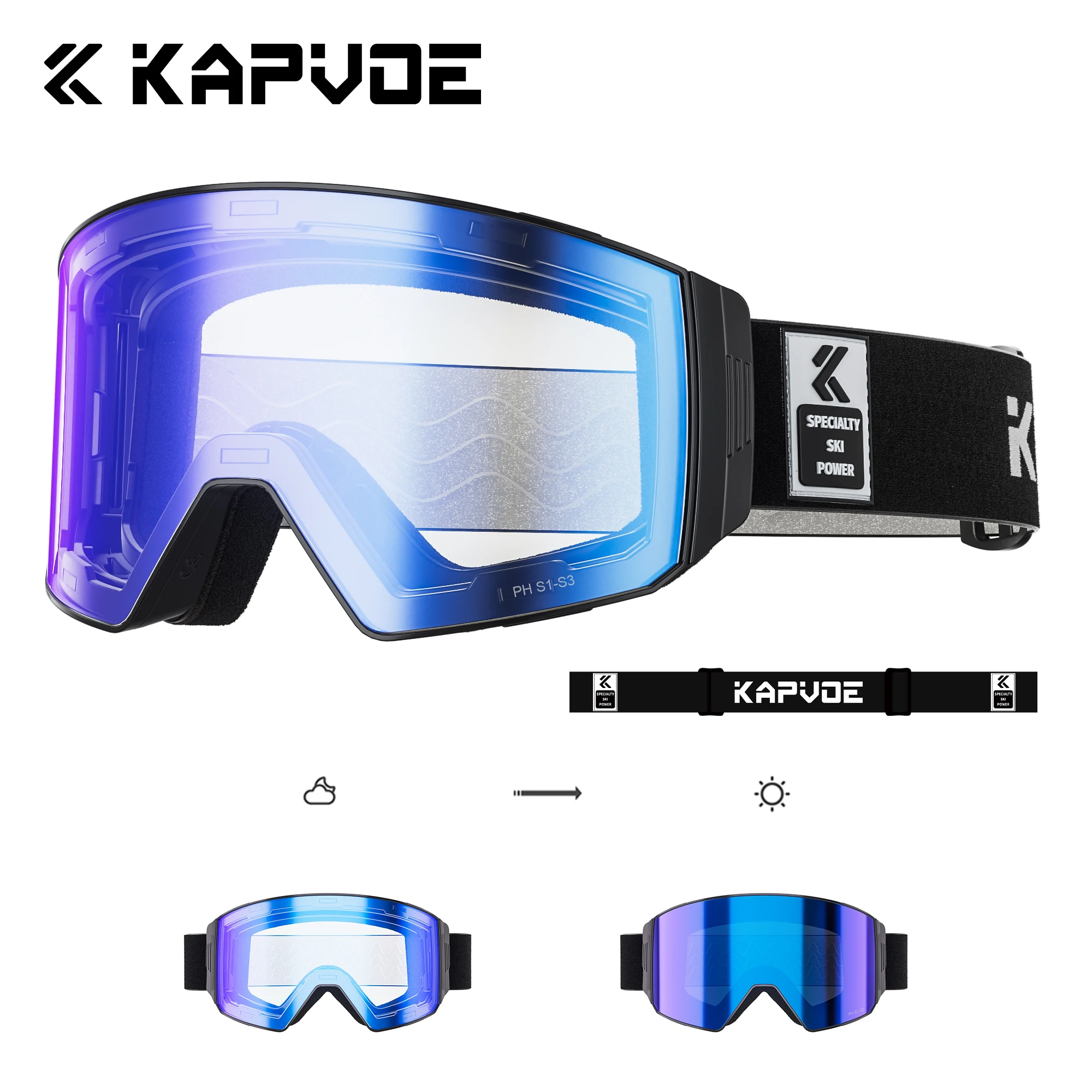 Kapvoe Photochromic Snow Goggles Ski Magnetic Anti-Fog Lenses UV400 Protection Men Women Ski Goggles Sunglasses Sports Eyewear