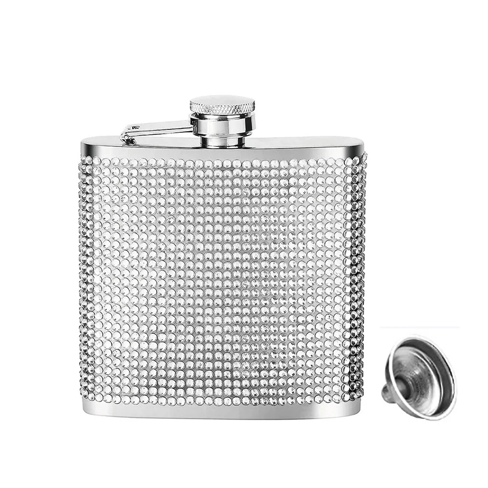 

6oz Stainless Steel Diamond Inlaid Wine Bottle Flasks for Liquor for Women Hip Flask with Funnel Leakproof Metal Cap Flask