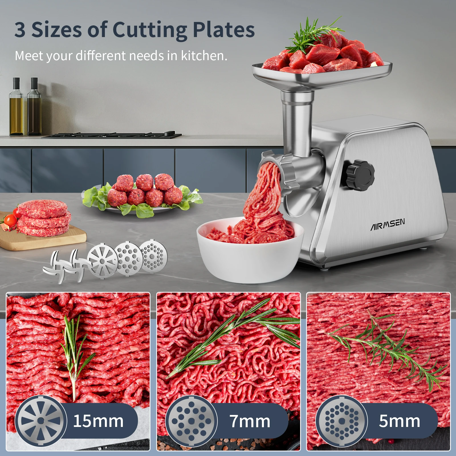 AIRMSEN Stainless Steel Meat Grinder, Electric 3 in 1 Meat Mincer with 2 Blades & 3 Plates, Sausage & Kubbe Maker Kit, Fixed Loc 4