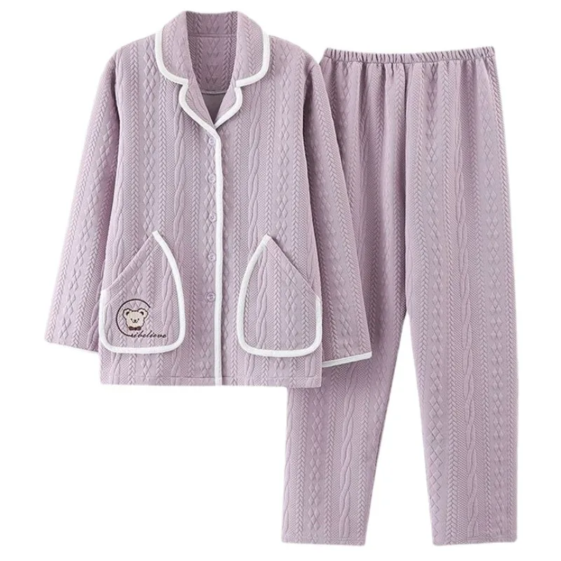 2023 New Sleepwear Women's Autumn Winter Thick Loungewear Pure Cotton Interlayer Air Cotton Sleepwear V-neck Warm Homewear Set