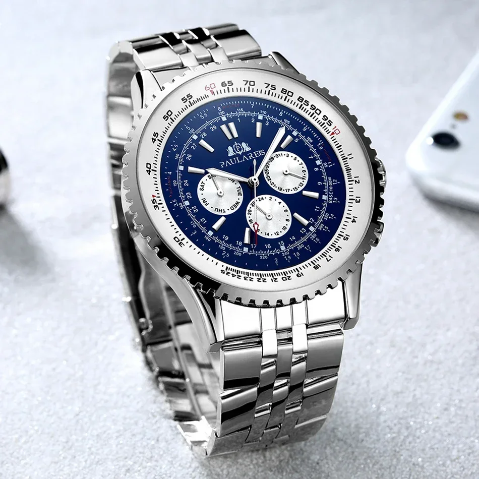 Automatic Watches for Men Mechanical Self Wind Leather Fashion Sports Blue Black White Big 50mm Classic Reloj Hombre Baratos - 3