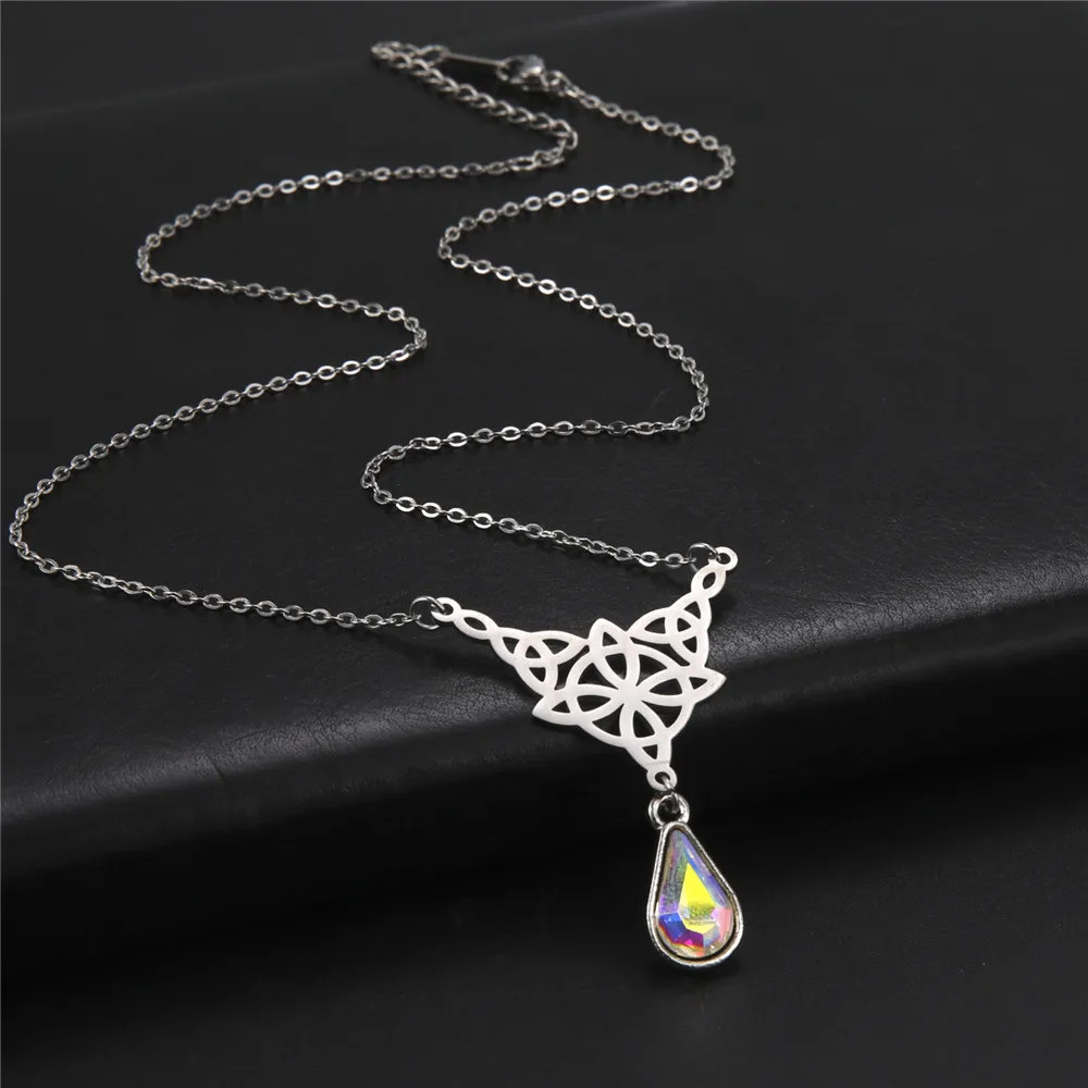 Skyrim Triquetra Irish Knot Wicca Pendant Necklace Crystal Water Drop Neck Chain Choker Women Stainless Steel Witch Knot Jewelry