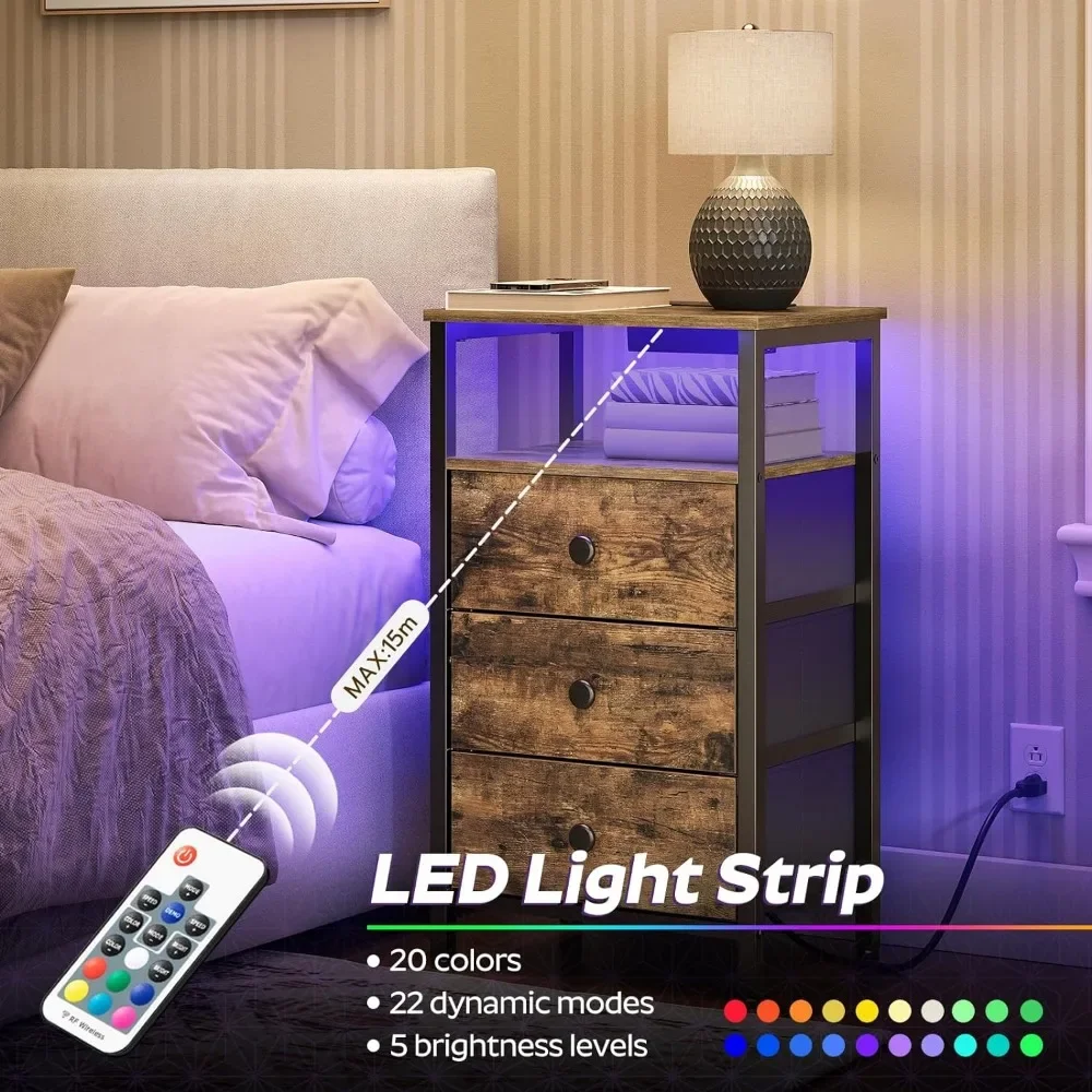 

Nightstands Set of 2, End Table with 3 Non-Woven Drawers Night Stand with Wireless Charging Station, Side Table with LED Lights