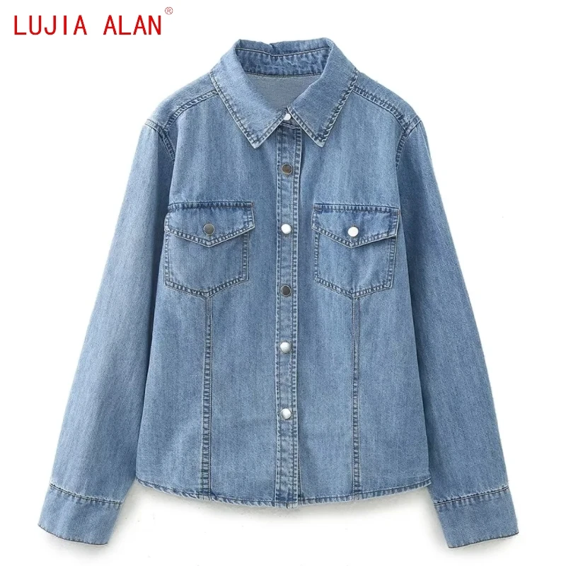 

Autumn New Women Flap Pockets Denim Shirt Female Long Sleeved Blouse Casual Loose Tops LUJIA ALAN B2509