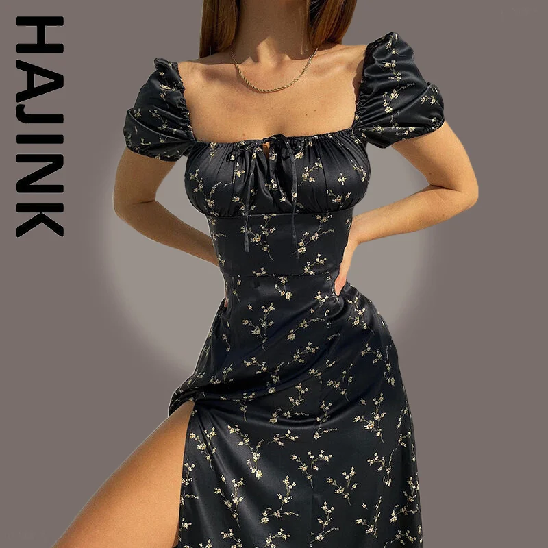 

HAJINK Sexy Elastic Side Split Chic Mid-Calf Aesthetic Lace Up Dress Party Dresses Vintage Stylish Female Vestidos Dress Woman