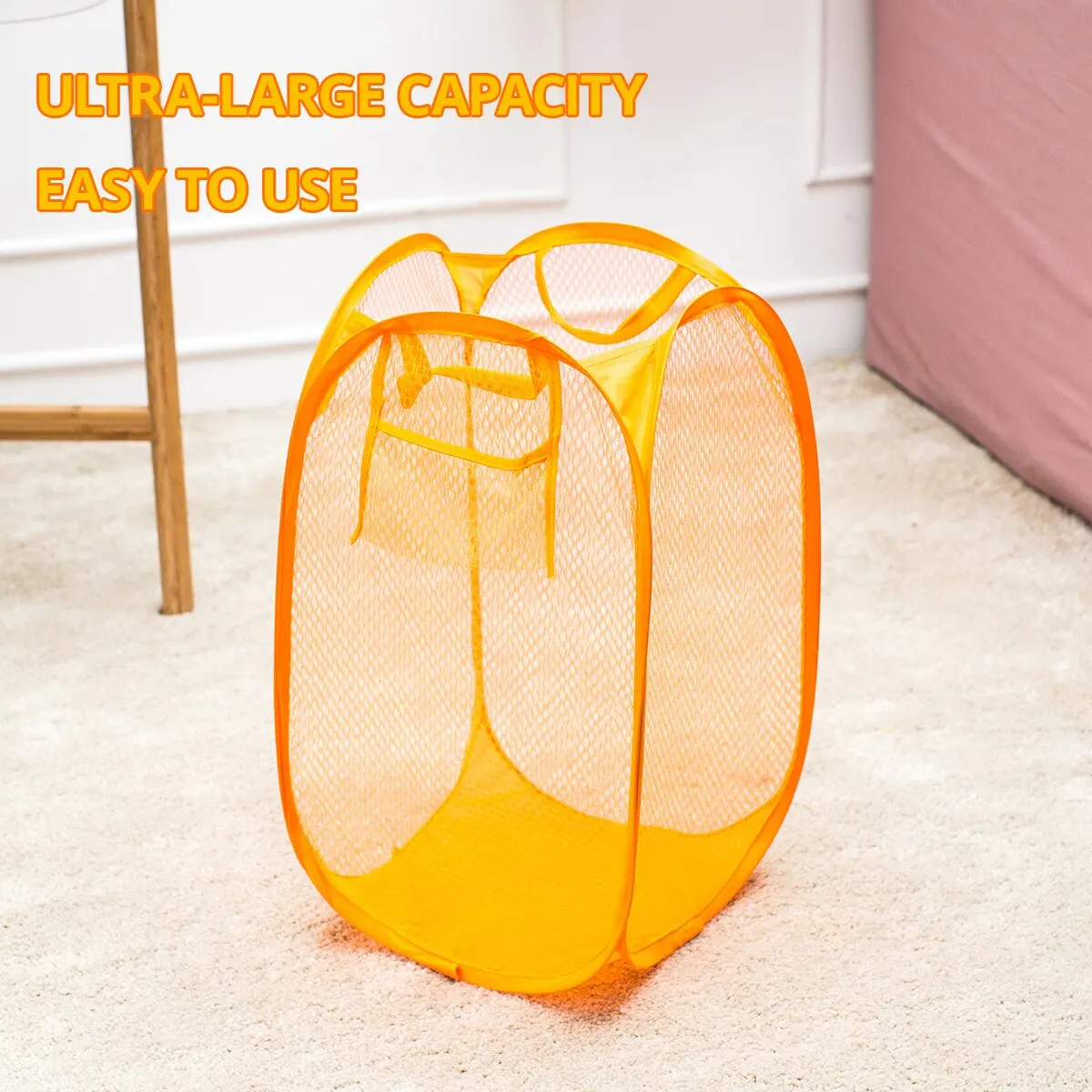 1pc Yellow Laundry Basket Buggy Bag Foldable Japanese Color Net Laundry Basket Debris Storage Clothing Storage