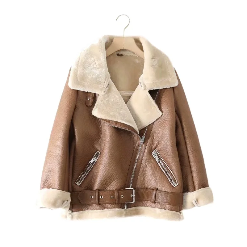 

New Spring Women PU Leather Jacket Faux Lamb Leather Jacket Motor Jacket Thick Faux Leather Fur Sheepskin Lapel Coat