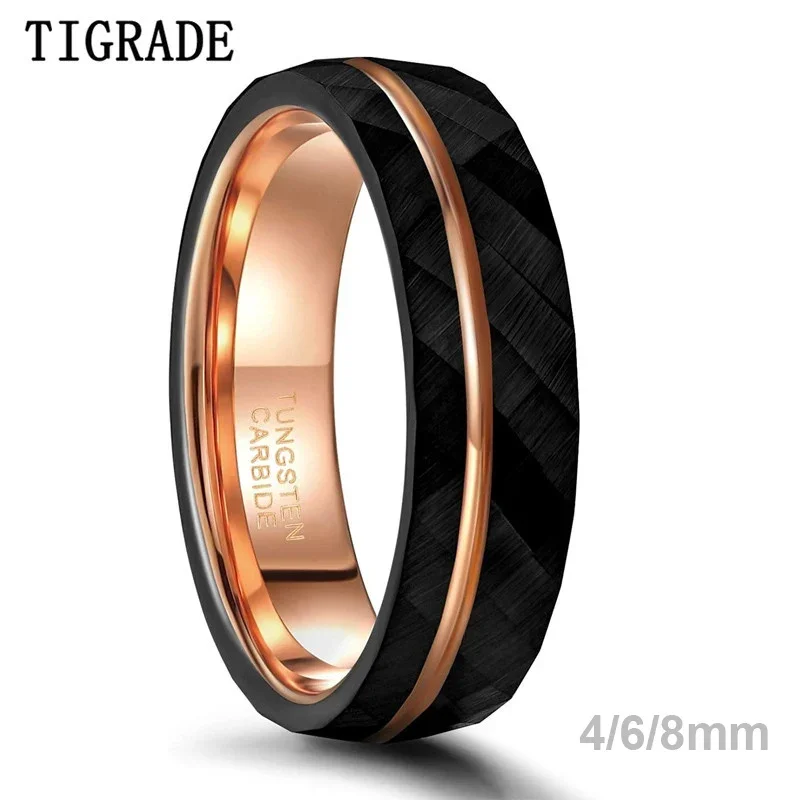 

Tigrade 4mm 6mm 8mm Black Tungsten Rings for Men Women Thin Rose Gold Groove Hammered Wedding Band Ring Comfort Fit Size 5-14
