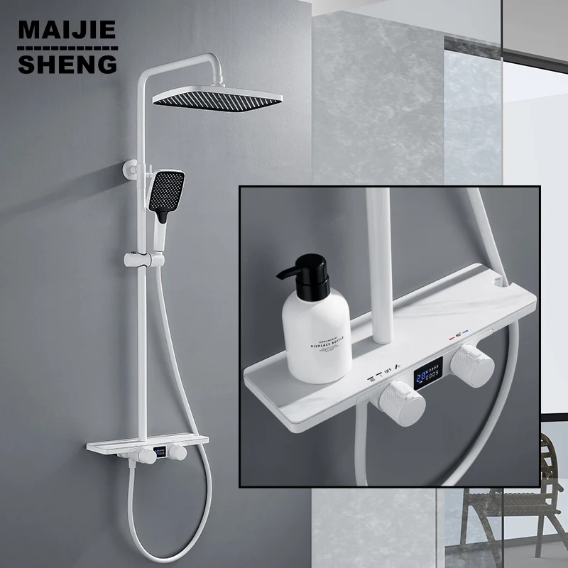 

White Pressurized Thermostatic Shower Valve Control LED Temperature Digital Display Mixing Valve Wall Mounted Faucet