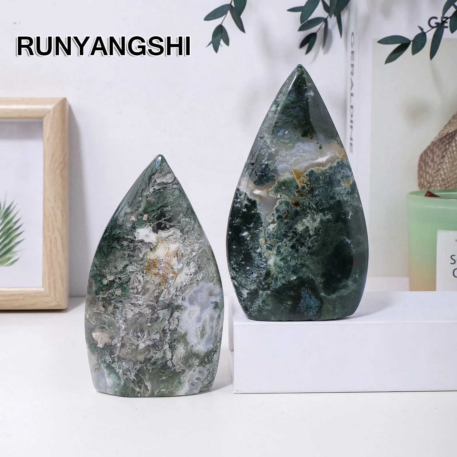 

1PC Natural Green Moss Agate Torch Polished Stone Home Decoration Quartz Ornament Healing Crystal Decorative Gift