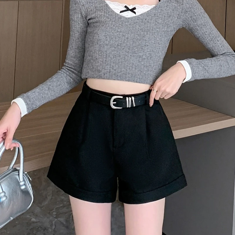 2024 Spring New Shorts Women Koean Style Office Lady High-waisted A-line Loose Wide-leg Solid Color Versatile Short Pants Female