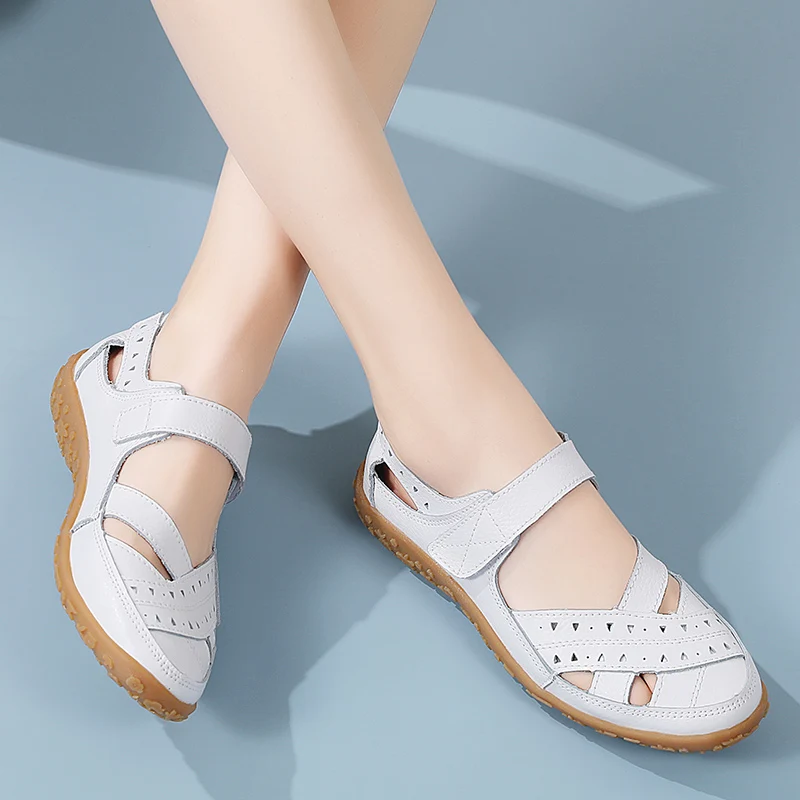 New summer women's shoes large size Roman casual mother shoes leather baotou sandals Velcro hollow cowhide