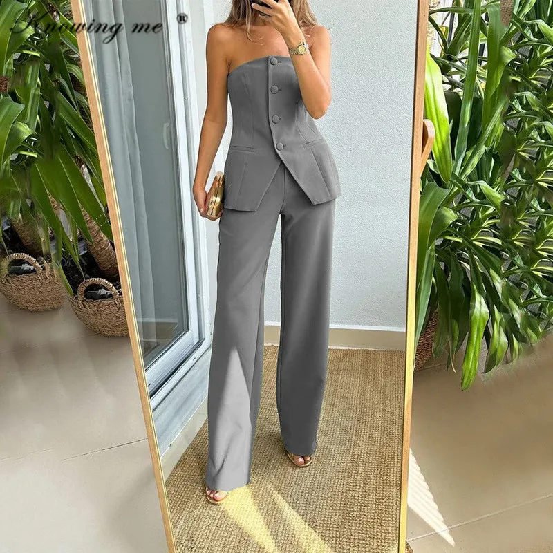 

Женский брючный костюм без рукавов Bluzer, однотонный однобортный Топ с разрезом и брюки с высокой талией и широкими штанинами, лето 2024