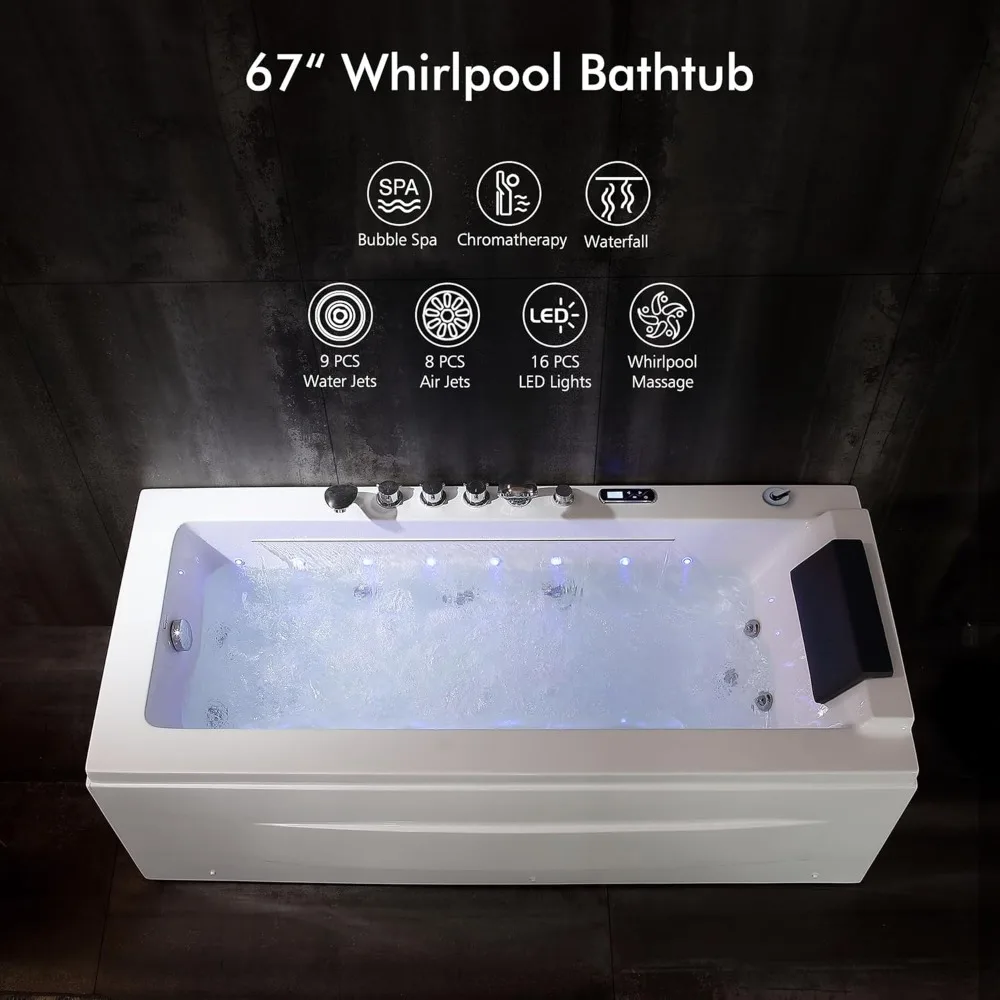 67 in Whirlpool Bathtub,Jetted Tub with Heater,Hydro Massage Bathtub with 9 Water Jets+8 Air Jets,SPA Bathtub with 5