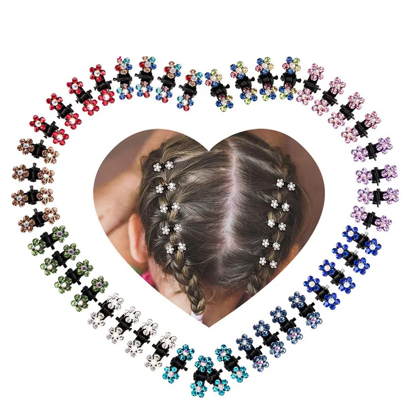 12pcs/Set Glitter Rhinestone Colorful Flowers Mini No-Slip Metal Hair Claws Hair Accessories For Girls Hair Clips Hairpins