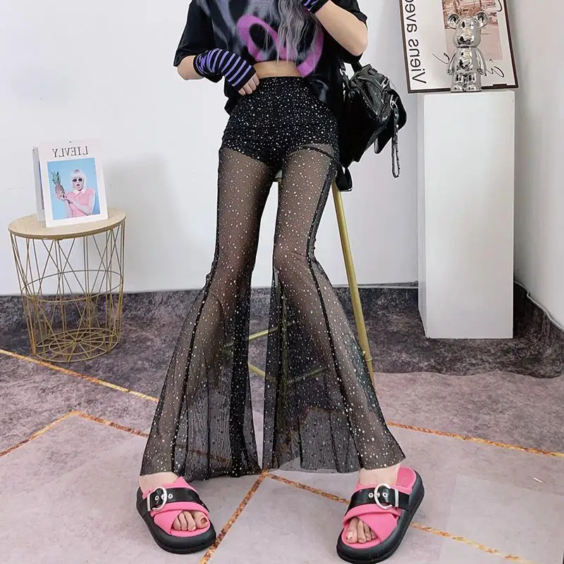 Super Thin Summer Flare Pants for Women High Waist Perspective Hot Drill Sequin Mesh Mopping Floor Casual Straight Long Trousers