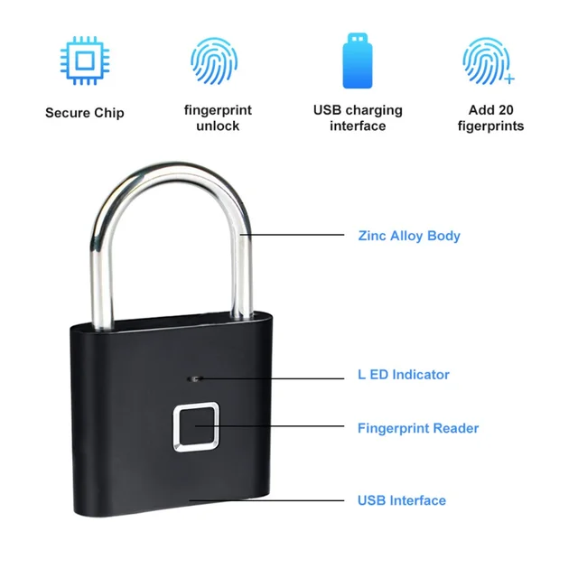 Keyless Smart USB Charging Fingerprint Lock Smart Padlock Waterproof Door Lock 0.3sec Unlock Portable Anti-theft Padlock Zinc 4