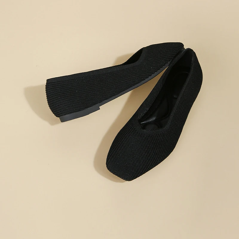 Women's Flat Casual Fashion Pattern Breathable Knitted Non slip Rubber Sole Square Head Comfortable Shoes Solid Color Leisure