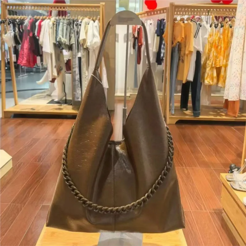 Solid Color Crinkle Chain Tote Bag Women Minimalist Design Leather Large Capacity Shoulder Bag Ladies High End Crossbody Bag New