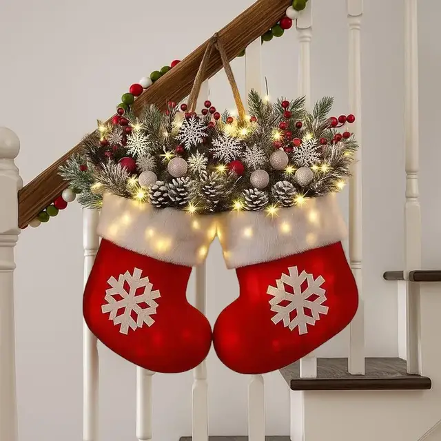 2025 Christmas Garland Glove Shaped Simulated Flower Wreath with Light Wall Door Hanging Decoration Xmas Navidad Party Supplies 2