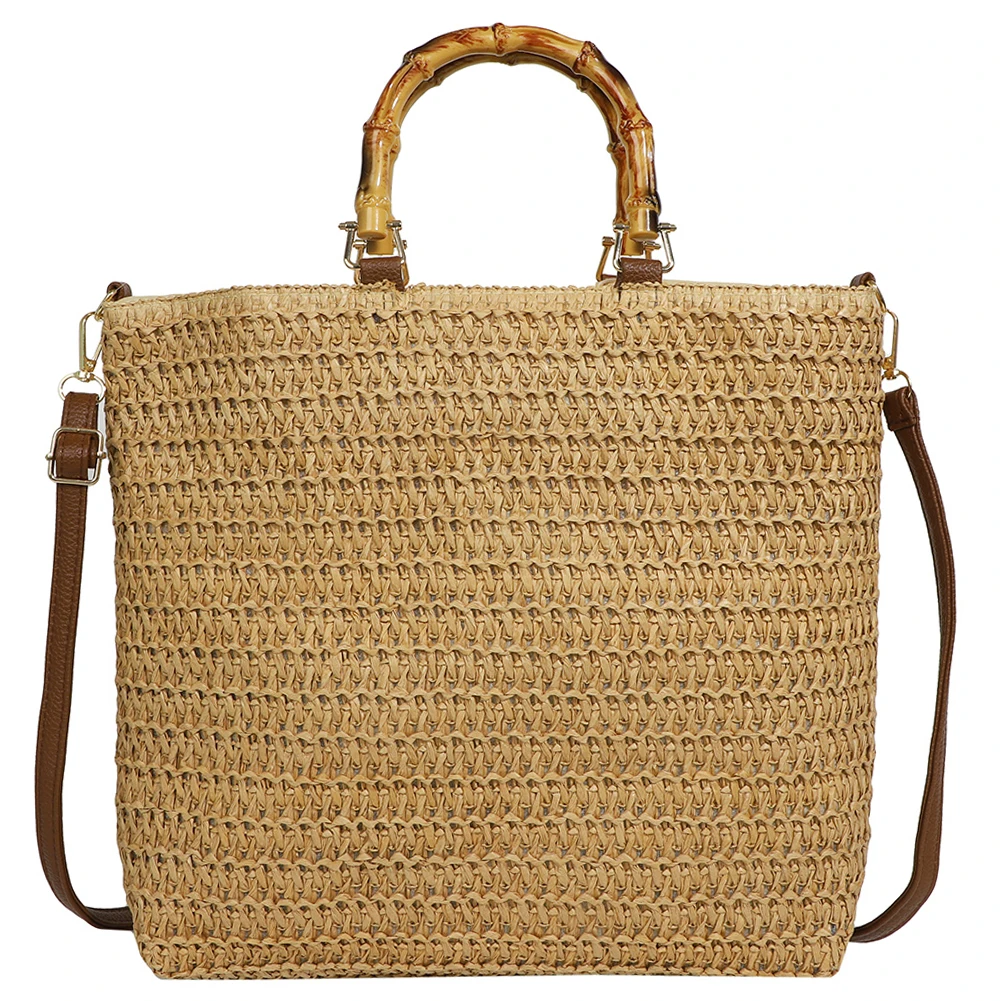 Borse da donna con coulisse intrecciate a mano borsa a tracolla da donna in tessuto di paglia di grande capacità con manico in bambù