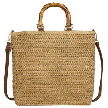 Borse da donna con coulisse intrecciate a mano borsa a tracolla da donna in tessuto di paglia di grande capacità con manico in bambù
