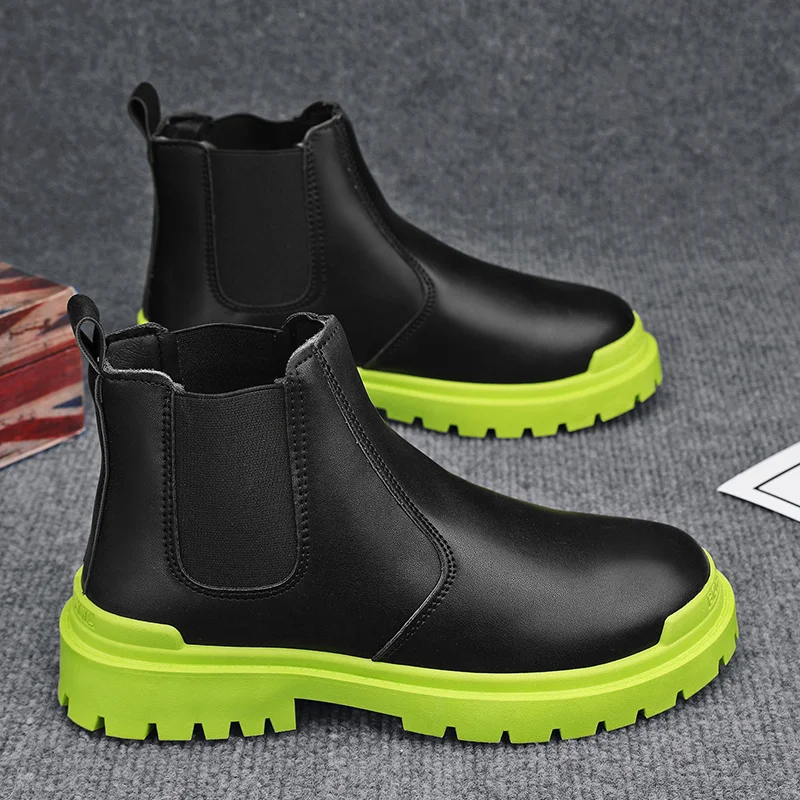 

Hot Sale Leather Green Men's Fashion Boots Slip-on Non-slip Platform Boots Men Soft Comfortable Man Ankle Boots bota masculina