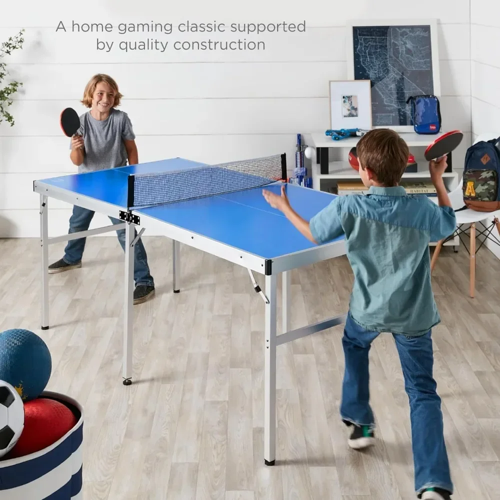 Portable Ping Pong Table 6x3ft Folding Indoor Outdoor Table Tennis with 2 Paddles 2 Balls Net Carrying Bag Adjustable Feet
