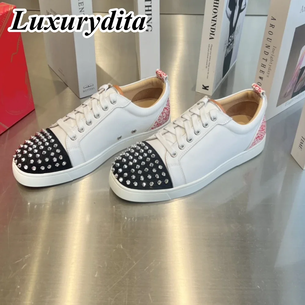 LUXURYDITA Designer Men Casual Sneakers Real Leather Rivet Luxury Womens Tennis Shoes 35-47 Fashion Unisex loafers HJ888