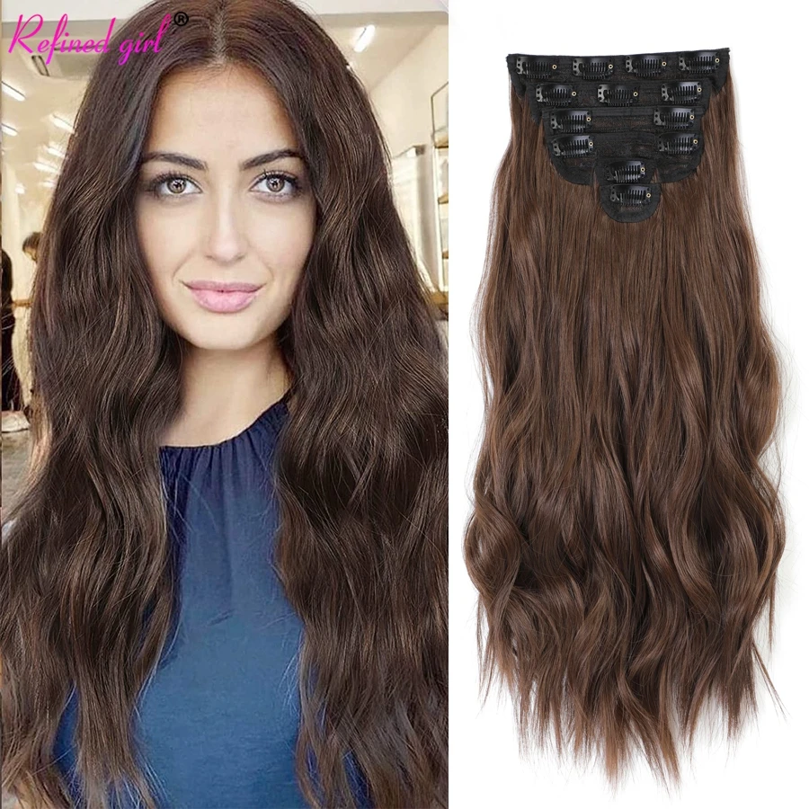 

20 Inch Wavy Curly Full Head Clip in on Double Weft Hair Extensions 6Pcs 13 Clips in Synthetic Hairpieces Brown Mix Black