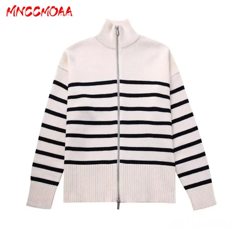 

Женский вязаный кардиган в полоску MNCCMOAA, повседневный кардиган свободного покроя на молнии с длинным рукавом, верхняя одежда на осень-зиму 2023