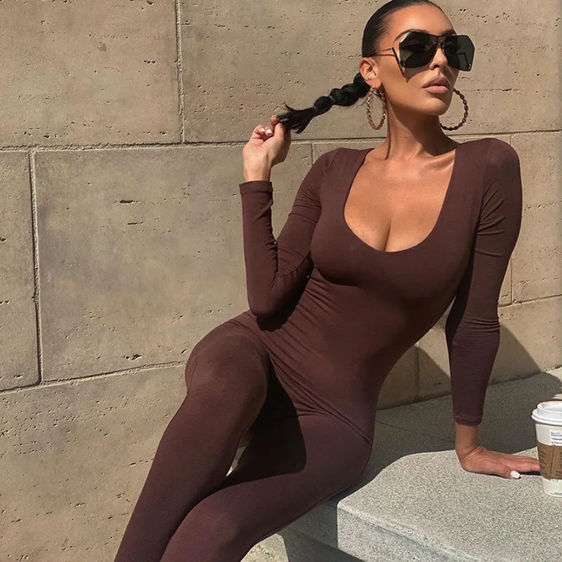 Autumn Solid Stretchy Bodycon Jumpsuits Women Slim Casual Skinny Streetwear Active Fitness Sporty Work Out Rompers