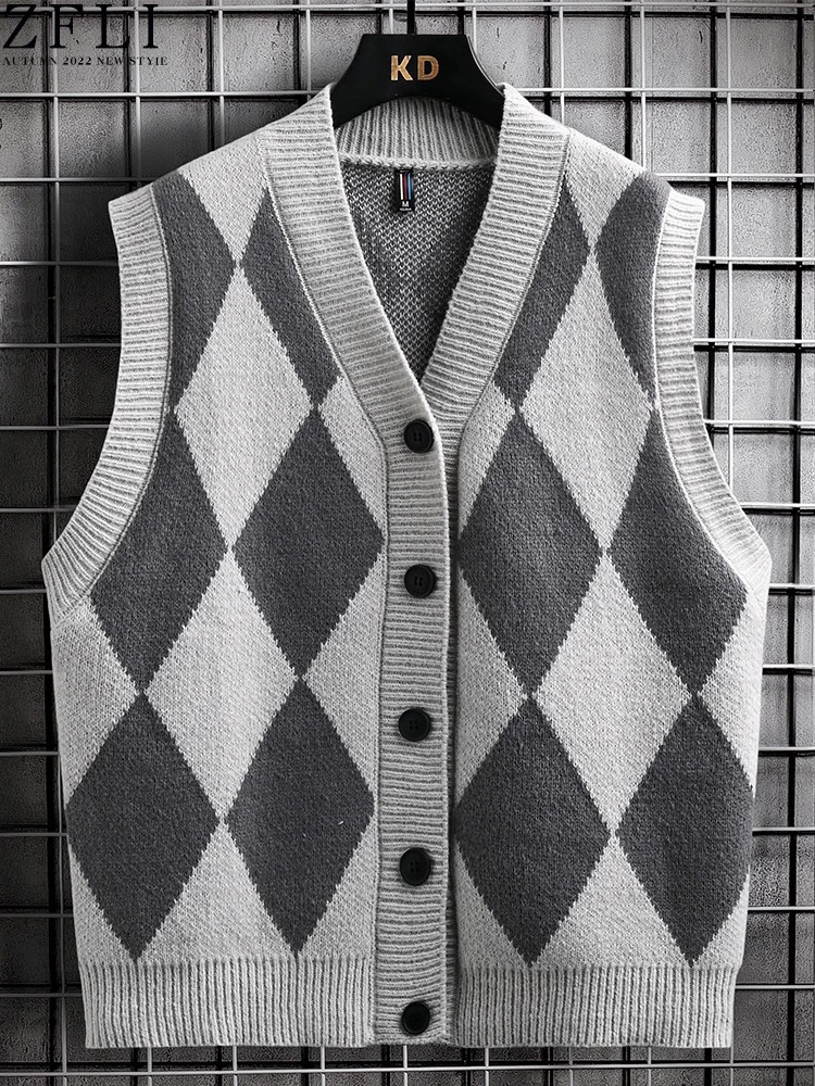 

Мужской Повседневный свитер на осень и зиму, теплый мужской кардиган, жилет в клетку, модный вязаный теплый жилет с V-образным вырезом, свитер, топы, C148