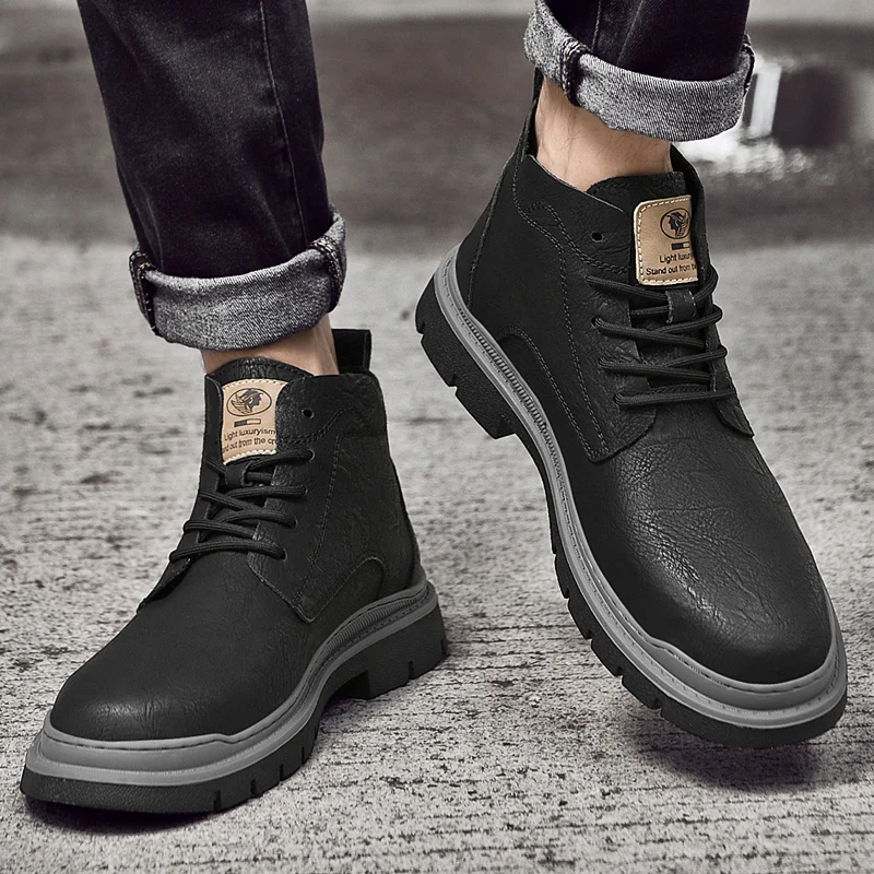 

Winter Genuine Leather Boots Men Lace-Up Platform Fashion Luxury Brand Chelsea Men Boots Outdoor Ankle Boots Casual Cowboy Boots