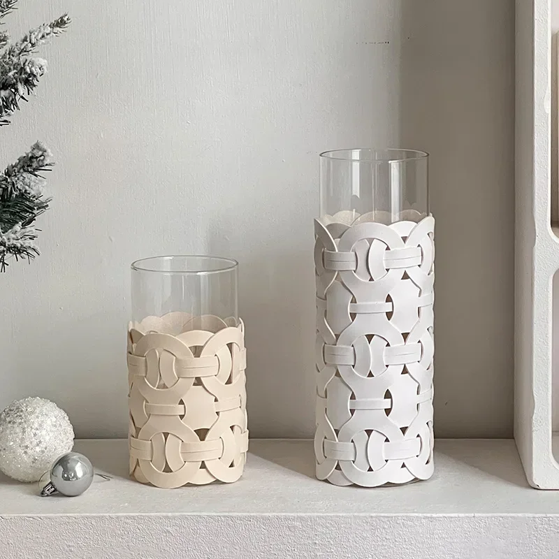 Woven Leather Glass Vase Home Decor Tabletop Vase Ornament Modern Transparent Straight Glass Flower Arrangement Home Accessories 2
