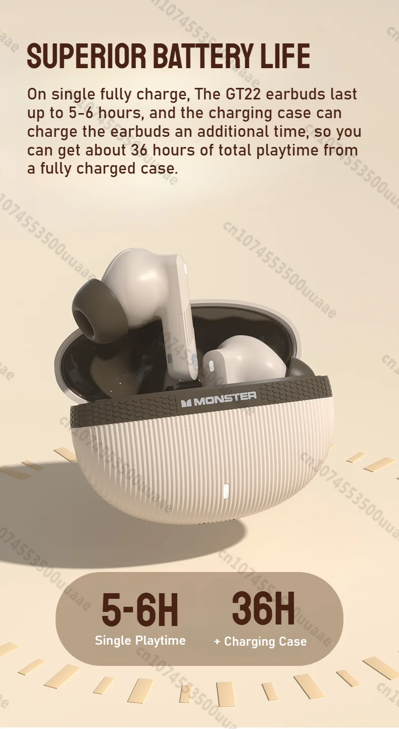 Monster AuraFit GT22 -35dB Active Noise Cancelling Earbuds 360° Stereo Wireless Bluetooth Headphone ANC Bluetooth 5.3 Earphone