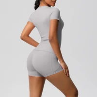 2PCS Yoga Set Gym Clothes Sportswear With Pocketed Yoga Suits For Women Fitness Short Sleeve Crop Top Tracksuits Sports Bra Gym - Image 6