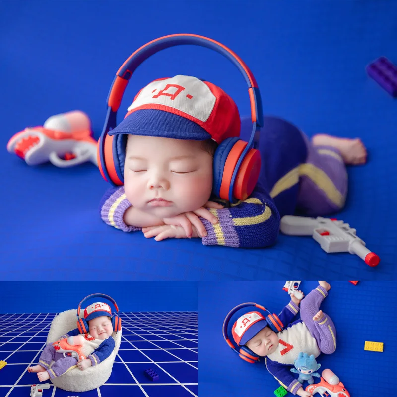 

Crochet Newborn Outfit Baby Boy Newborn Photography Outfits Knitted Clothes Hat Headphones Photoshoot Prop Baby Creative Costume
