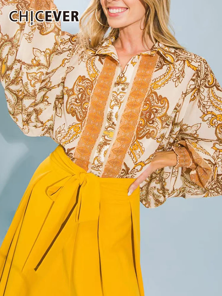 

CHICEVER Vintage Printing Shirts For Women Lapel Long Sleeve Colorblock Loose Folds Casual Pullover Spring Blouse Female 2023
