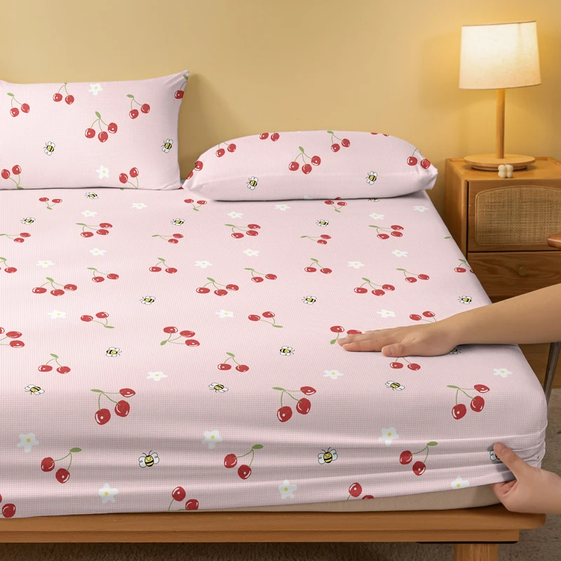 1 Cartoon Cute Fruit Cherry Bee printed matte Fitted Sheet, bedroom printed bed cover, bedding (excluding pillowcases) 3