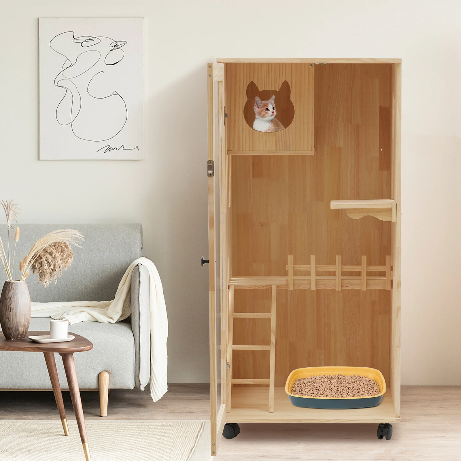 Large Wooden Cat House Luxury Multi-Feature Cat Condo Condo House with Scratching Posts Oversized Villa on Wheels