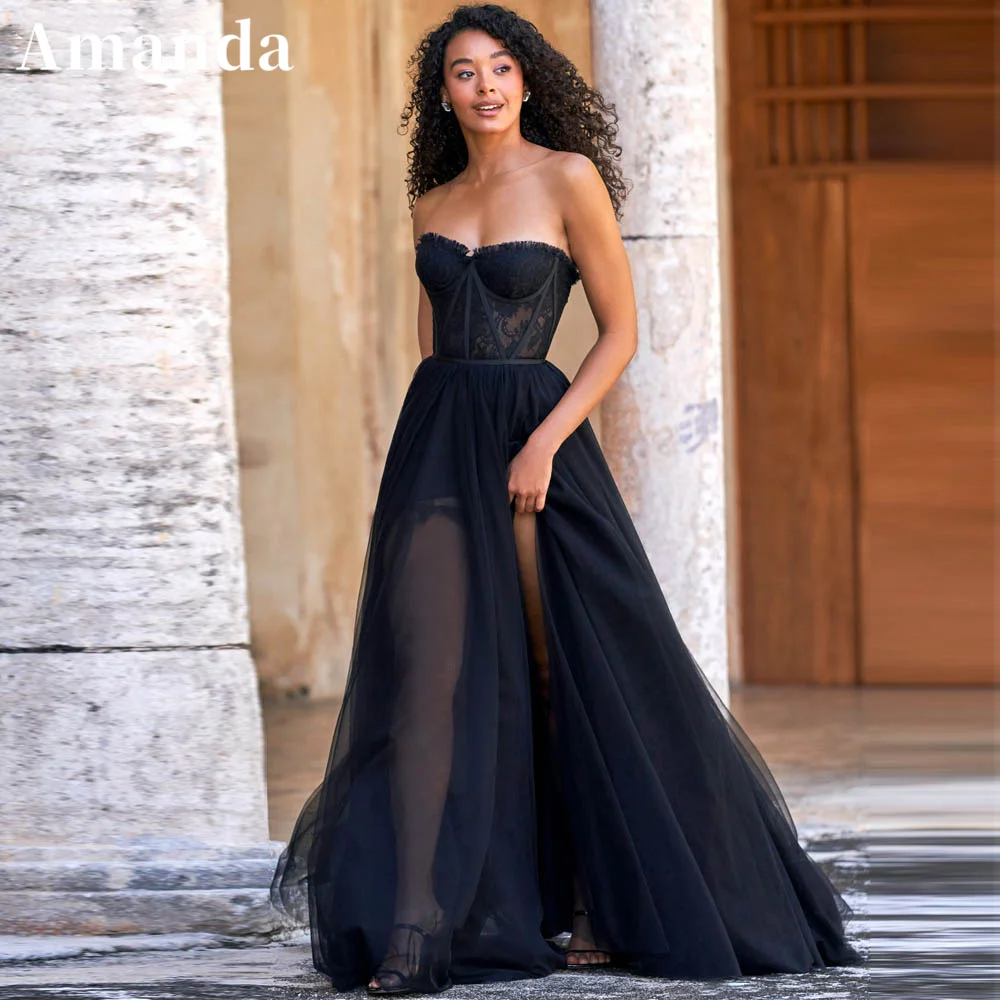 

Amanda Sexy Strapless Black Prom Dress 2023 Perspective Chiffon Vestidos De Noche Side Split Sleeveless فساتين مناسبة رسمية