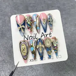 Gothic - Style Press - On Nails: 3D Cross Rhinestones & Pearls with Gradient Pink - Blue and Gold Accents (XS)