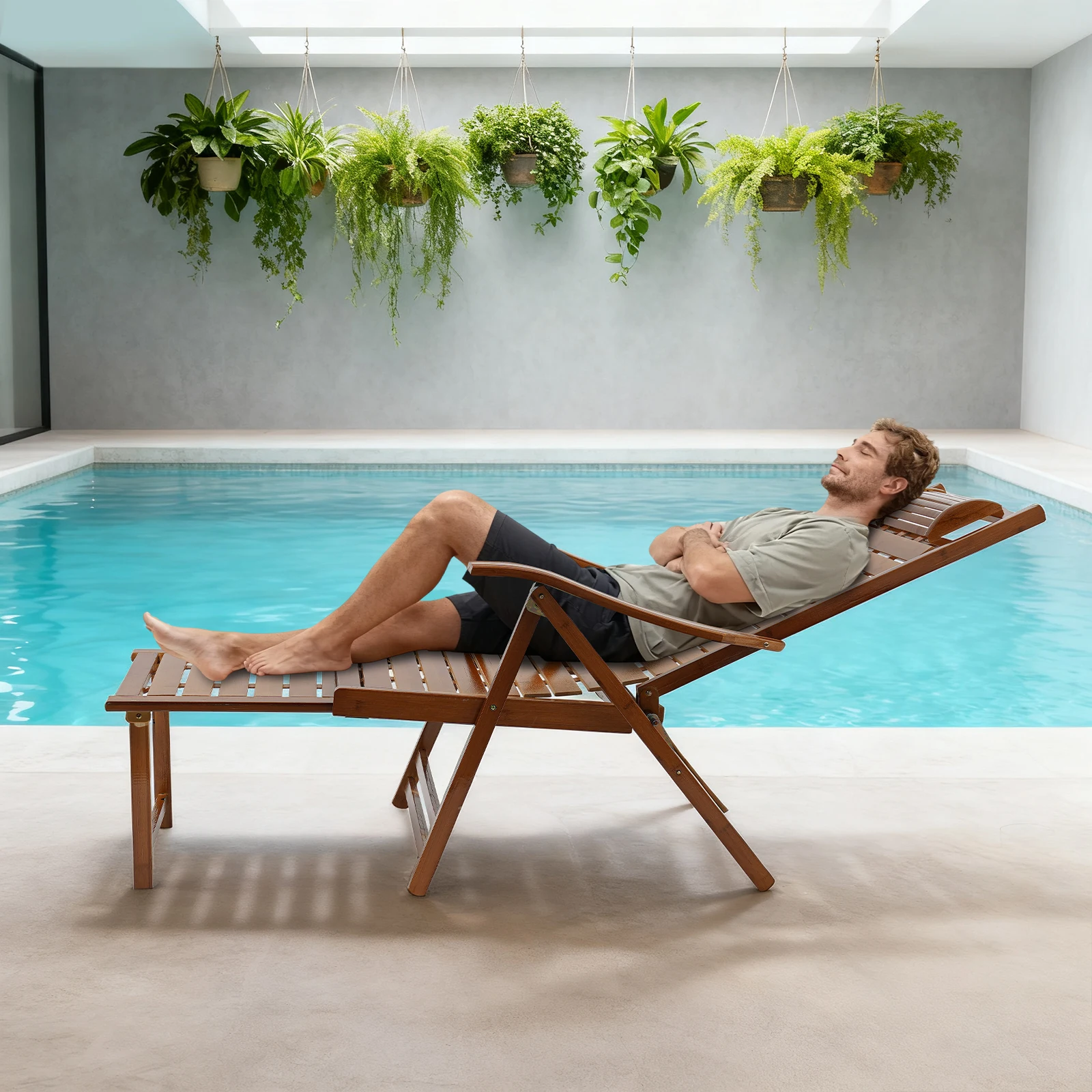 Bamboo Lounge Chair, Folding Reclining Chair with Adjustable Backrest, Folding Extended Lounge Chair with Cushion Patio Bedroom
