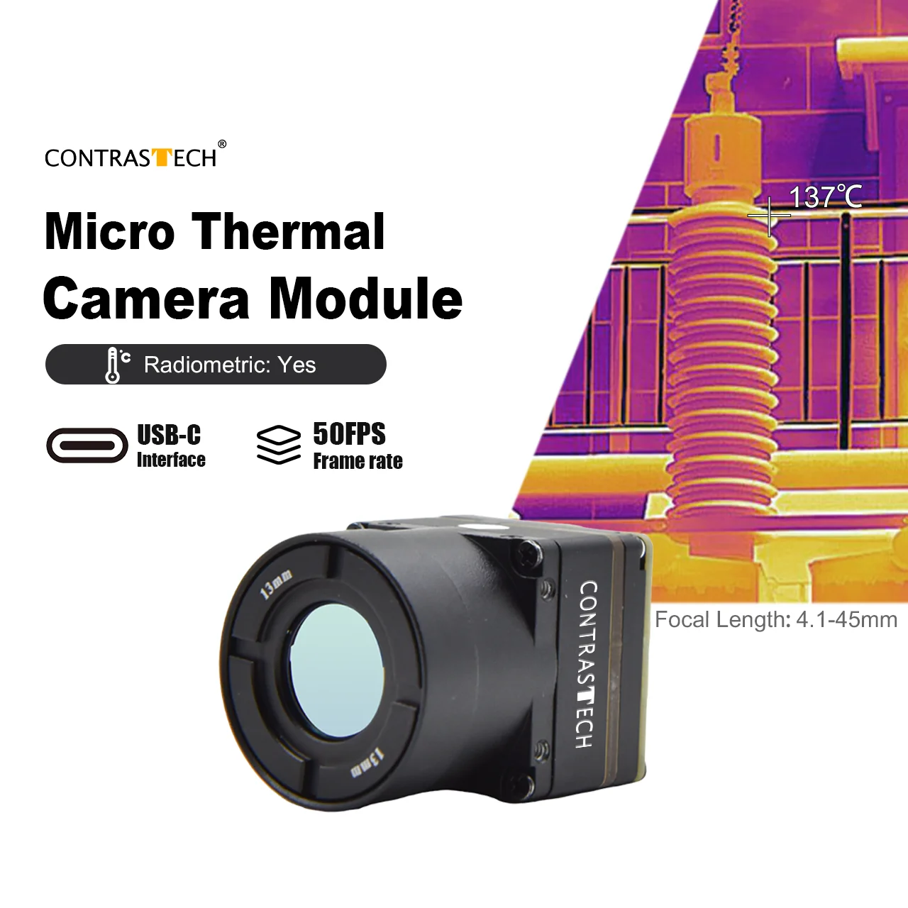 LWIR 0.8-1.4μm 640x512 50Hz MIPI 9mm 13mm 동물 관찰용 방사 측정 드론 열화상 카메라 코어 Contrastech