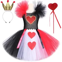 Costumes de reine rouge de cœur pour filles, déguisement de noël et d'halloween pour enfants, tenue de carnaval avec couronne dorée, baguette d'amour 1