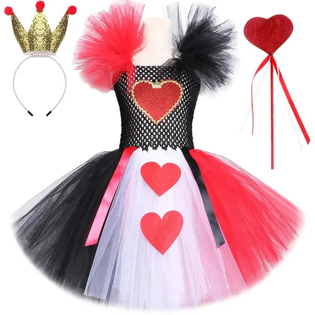 Costumes de reine rouge de cœur pour filles, déguisement de noël et d'halloween pour enfants, tenue de carnaval avec couronne dorée, baguette d'amour 1